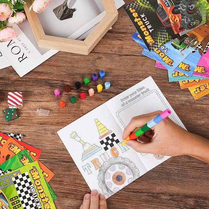 BenLouis 24 Monster Truck Mini Coloring Books Kids with 24 Stacking Crayons Monster Car Party Favors Activity Books Bulk for Kids Monster Truck Birthday Goodie Bag Gift Stuffer Classroom Travel