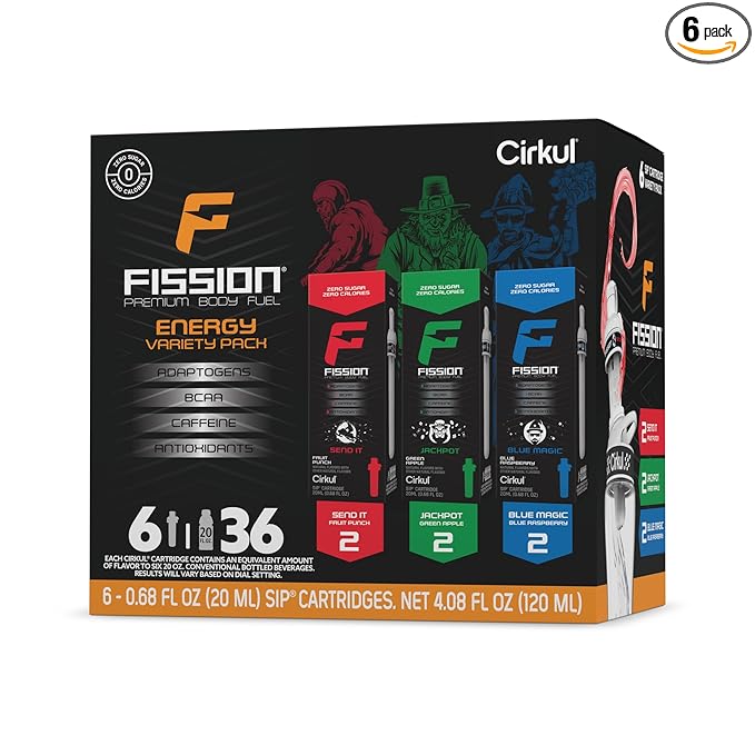Cirkul Fission Energy Flavor Cartridge Variety Pack with Caffeine, 6-Pack (2 Send It, 2 Jackpot, 2 Blue Magic)