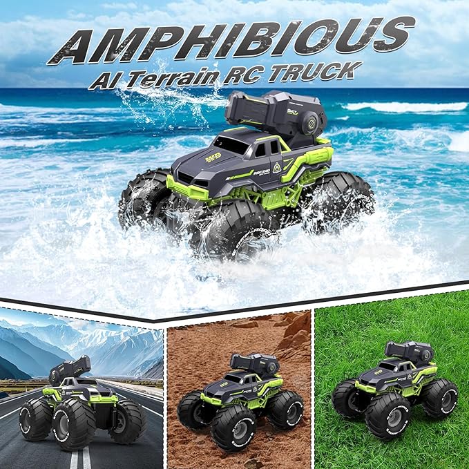 1:16 Amphibious Remote Control Car with Water Gun 4WD Gesture Sensing RC Car Boat Waterproof RC Truck Off-Road Stunt Car Toy for Kids/Adults Monster Truck for Outdoor Gift(with 2 Replaceable battery)