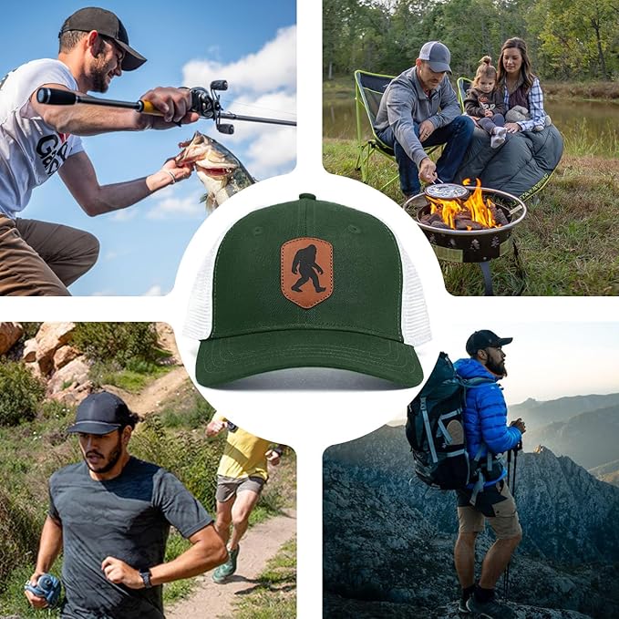 Mesh Bigfoot Hat Leather Cap for Men- Great Snapback Closure Sasquatch Hat for Hunting & Hiking