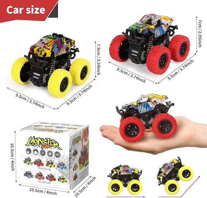 M SANMERSEN Monster Truck Toys for Ages 2-4, Friction Cars for Toddlers 1-3 Push and Go 360° Rotating Stunt Car for 2+ Year Old Boys Girls Gifts (2 Pack - Red and Yellow)