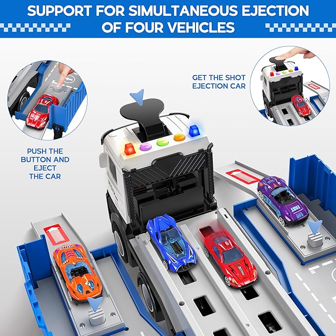Carrier Truck Race Track Toddlers Toys, Foldable 3 Layer Track Playset, Toy Truck Transport Car Carrier & 8 Race Cars, Truck Car Kids Toys Xmas Gifts for Age 3 4 5 6+ Years Old Boys Girls