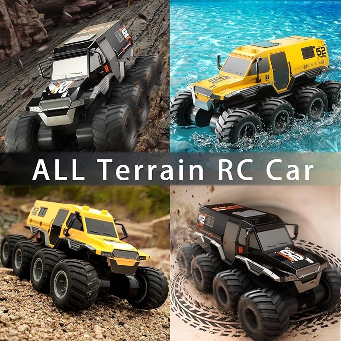 8WD Amphibious Monster Truck, 2.4G Off Road Waterproof 1:12 Big Remote Control Car for Boys, All Terrain RC Cars Toys for 7 8 9 10 11 12 Year Old Boys/Girls, Gift Birthday Christmas-Yellow