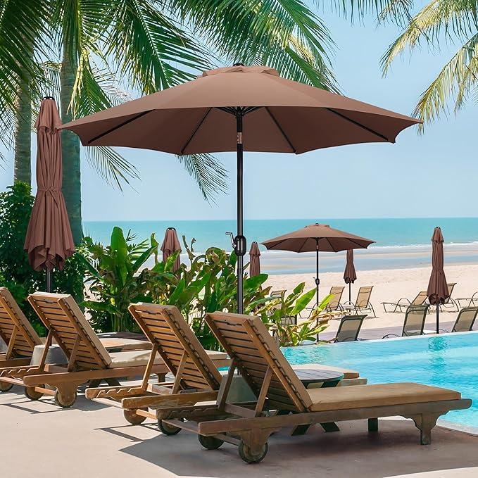 Yaheetech 9FT Patio Umbrella Outdoor Patio Market Table Umbrella Yard Sun Shade with Push Button Tilt & Crank for Garden/Beach/Lawn/Deck/Backyard/Pool, 8 Ribs, Brown