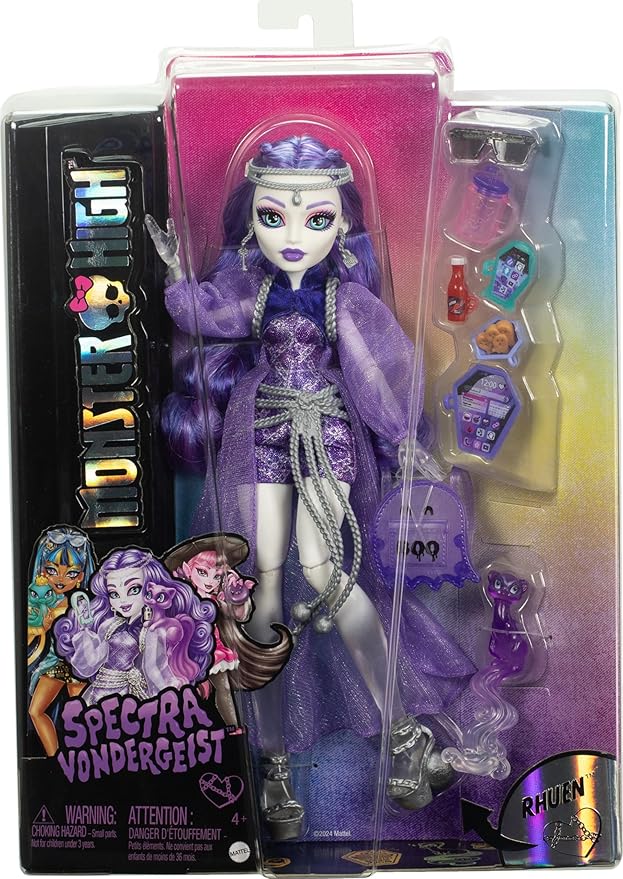 Monster High Spectra Vondergeist Doll with Pet Ferret Rhuen and Accessories Like Backpack, Tablet, Snacks and More