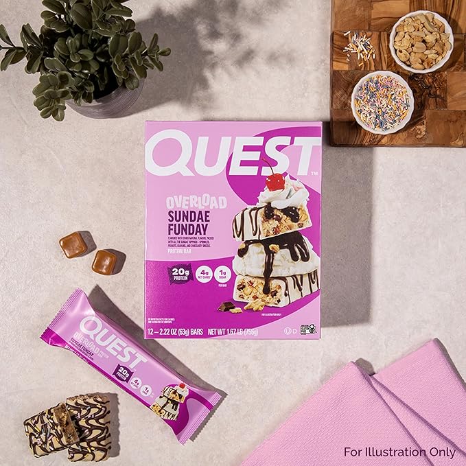 Quest Nutrition Overload Protein Bars, Sundae Funday, 20g Protein, 1g Sugar, 4g Net Carbs, Gluten Free, 12 Count