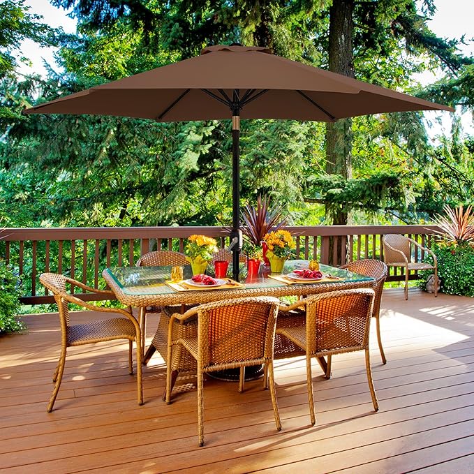 Yaheetech Patio Umbrella, 9FT Outdoor Table Market Umbrella with Push Button Tilt and Crank, Yard Sun Shade with Sturdy Ribs for Garden, Deck, Backyard, Pool, Brown