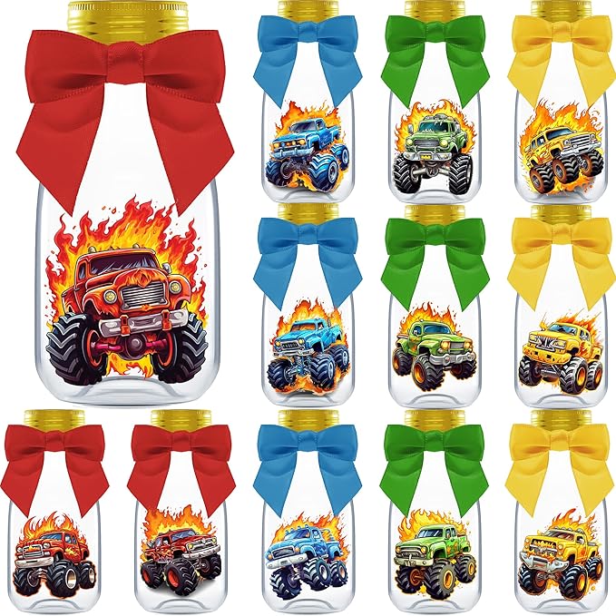 Small 12 Pack Monster Truck Party Favors - DIY Candy Jars with Ribbons and Stickers - Party Decoration Bottles for Birthday, School Classroom, and Baby Shower - Kids Car Table Centerpieces
