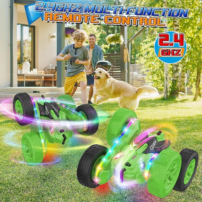 Remote Control Car,RC Cars with sides light strip and Headlights,Double Sided 360 Flips Rotating RC Stunt Car,2.4Ghz All Terrain Toys for Ages 4-6 Kids Toy for Boys Girls Birthday Gift(Green)