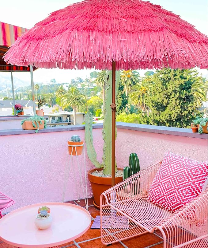 AMMSUN 7.5ft Hula Thatched Tiki Patio Beach Umbrella Hawaiian Style 10 Ribs UPF 50+ with Tilt Carry Bag for Outdoor Tiki Bar, Tropical Palapa, Patio Garden Beach Pool Backyard Pink