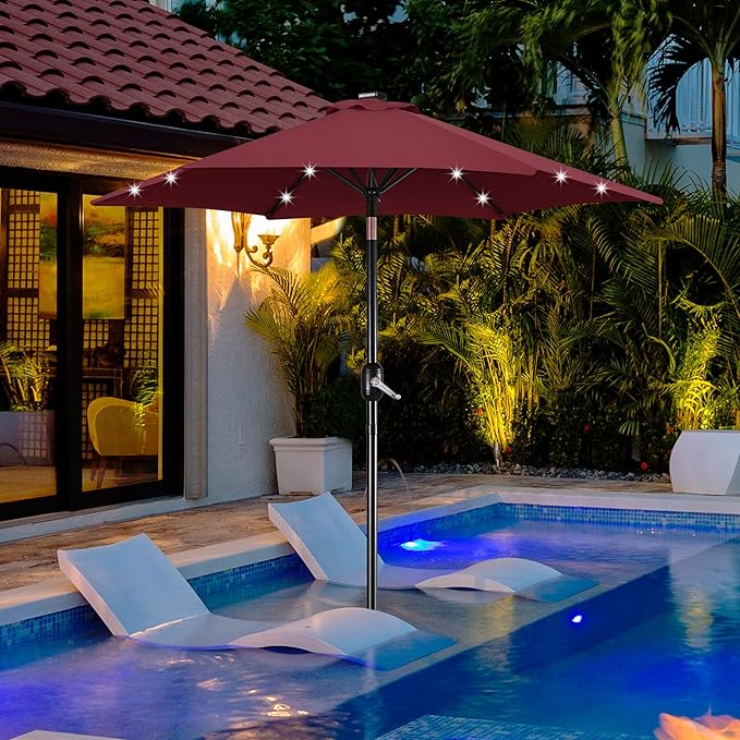Yaheetech 7.5 ft Solar Patio Umbrella Outdoor Market Table Umbrella w/Push Button Tilt & Crank and UV Protection for Garden, Deck, Backyard, Pool and Beach, Burgungy