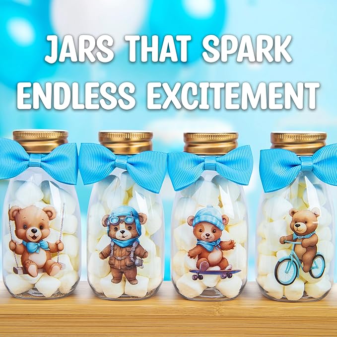 Small 12 Pack We Can Bearly Wait Party Favors for Boy - Candy Jars with Bowties and Stickers - DIY Party Decoration Bottles for Baby Shower and Gender Reveal - Blue Teddy Bear Table Centerpiece