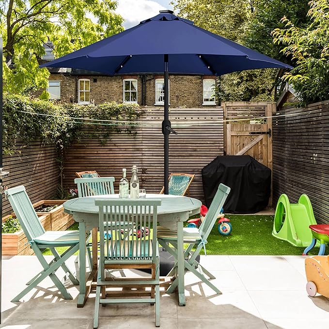 Yaheetech 7.5FT Solar Powered Patio Umbrella - UV Protection Market Table Umbrella w/18 LED Lights & Push Button Tilt & Crank Lift System for Garden/Lawn/Deck/Backyard/Pool, Navy Blue