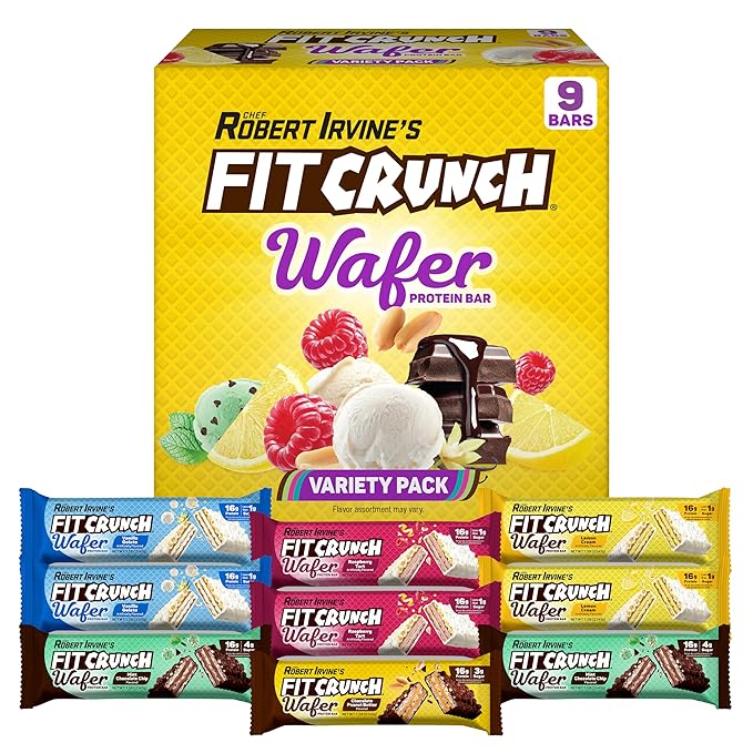 FITCRUNCH Wafer Protein Bars, 16g of Protein & 1-3g of Sugar (9 Bars, Variety Pack)