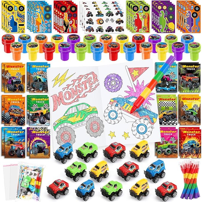 BenLouis 84Pcs Monster Truck Party Favors Truck Car Theme Coloring Books Crayons Sticker Set Bulk for Kids Racing Wheels Birthday Decor Goodie Bag Stuffer Classroom Rewards Craft Pinata Supplies