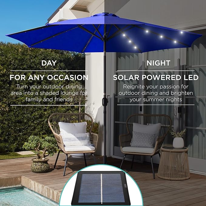 Best Choice Products 10ft Solar Polyester LED Lighted Patio Umbrella w/Tilt Adjustment and UV-Resistant Fabric - Resort Blue