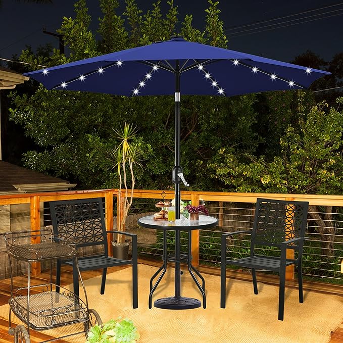 Yaheetech 10FT Solar Patio Umbrella 32 LED Lighted Table Market Umbrella with Tilt and Crank for Garden, Deck, Backyard, Pool and Beach, Navy Blue