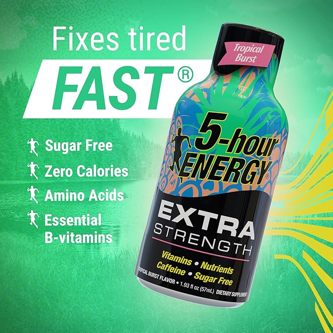 5-Hour ENERGY Shots Extra Strength | Tropical Burst Flavor | 1.93 oz. 30 Count | Sugar Free, Zero Calories | Amino Acids and Essential B Vitamins | Dietary Supplement | Feel Alert and Energized
