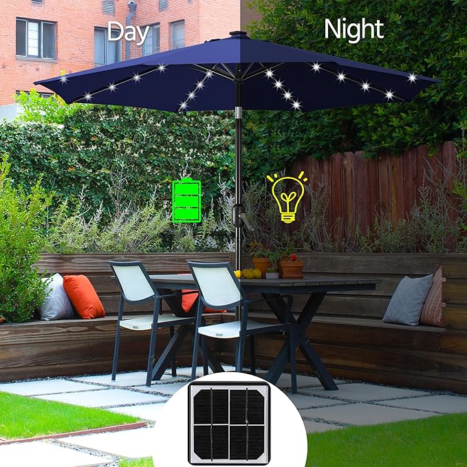 Yaheetech 10FT Solar Patio Umbrella 32 LED Lighted Table Market Umbrella with Tilt and Crank for Garden, Deck, Backyard, Pool and Beach, Navy Blue