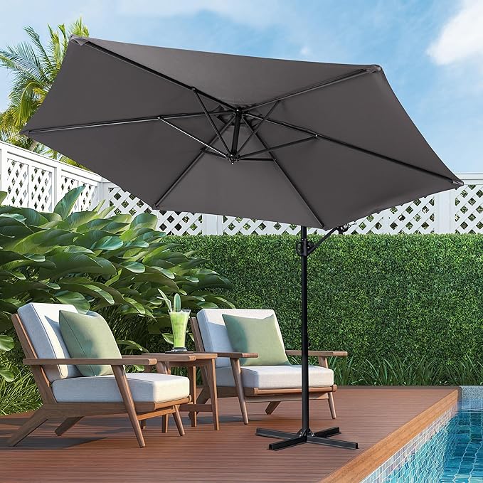 Shintenchi Patio Umbrella,Hanging Offset Umbrella, Outdoor Cantilever Hanging Umbrella with Easy Tilt,Crank, Cross Base, Poolside Sun Shade Canopy, Dark Gray