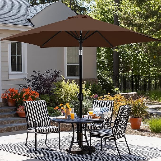 Yaheetech Patio Umbrella, 9FT Outdoor Table Market Umbrella with Push Button Tilt and Crank, Yard Sun Shade with Sturdy Ribs for Garden, Deck, Backyard, Pool, Brown