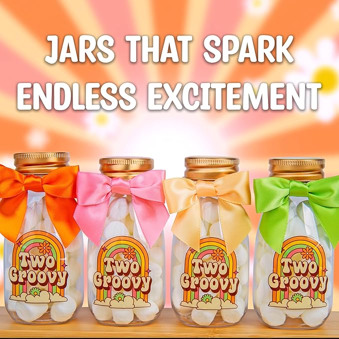 Small 12 Pack Two Groovy Party Favors - DIY Candy Jars with Ribbons and Stickers - Funky Party Decoration Bottles for 2nd Birthday Bash for Baby Boy or Girl - Retro Hippie Table Centerpieces