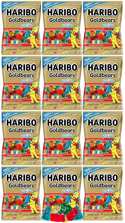 Haribo Goldbears Gummy Candy Bulk, Special Party Hats Edition, Original Mix Gummie Bear Shaped Candies with Party Hats, Assorted Fruit Flavors, Share Size for Party Favor and Birthday Candy, 4 Oz (Pack of 12)