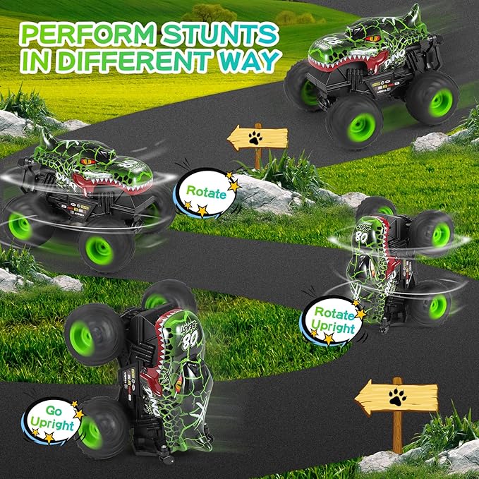 DYODYORC Remote Control Car, 2.4Ghz All Terrain Dinosaur Monster Truck Toys, RC Truck with Music, 3 Lighting Effects, 360 Stunt Capable, All included Ready to Run, Toy Gifts for Boys and Girls (Green)
