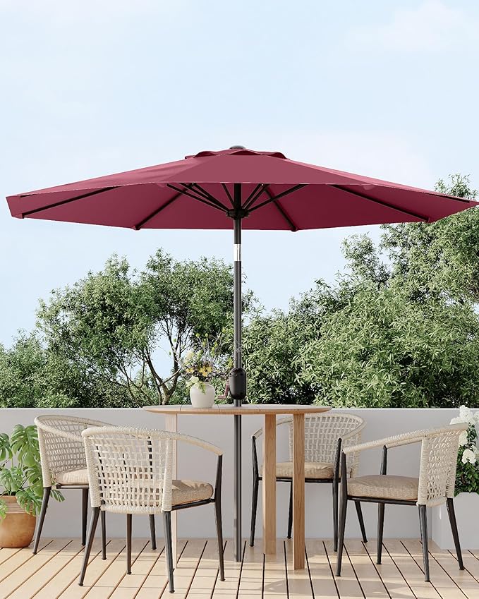 9FT Patio Umbrella Outdoor, Market Umbrella, Table Umbrella with Push Button Tilt and Crank, 8 Sturdy Ribs UV Protection Waterproof for Garden, Pool, Deck, Backyard (Dark Red)