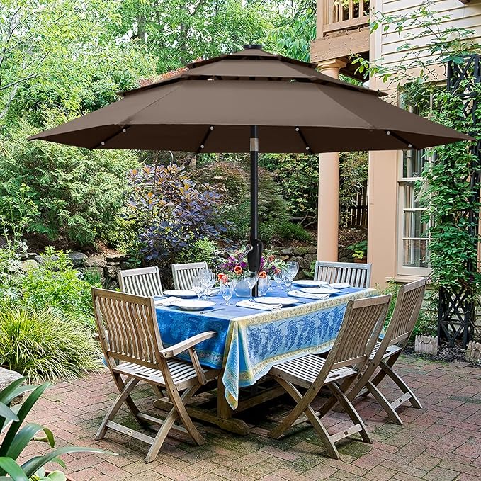 ABCCANOPY Solar Led Patio Umbrellas 3-Tiers 9FT (Brown)