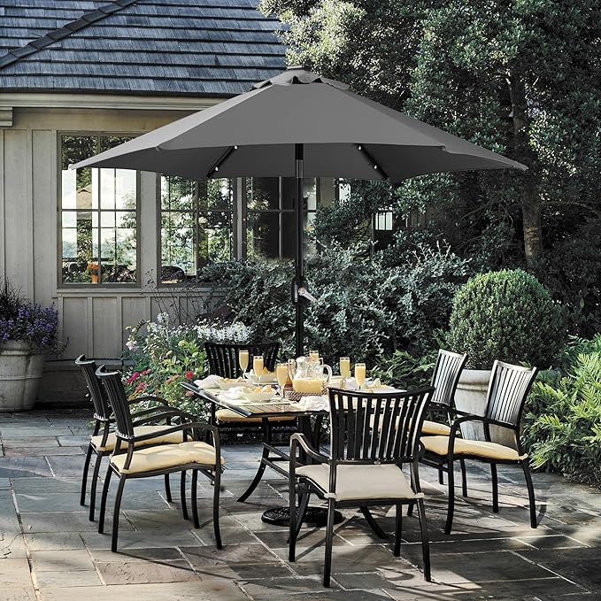 Yaheetech 7.5 ft Solar Patio Umbrella LED Lighted Umbrella with Tilt and Crank Lift System, Table Market Sunshade for Garden, Deck, Backyard, Pool and Beach, Grey