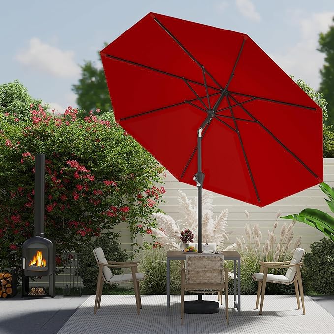 9 FT Patio Umbrella for Outdoor, Outdoor Umbrella with Push Button Tilt and Crank, Outdoor Patio Umbrellas with 8 Sturdy Ribs for Market, Garden, Deck, Backyard, Pool (Red)