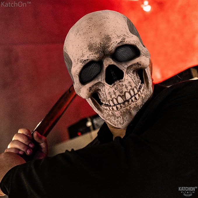KatchOn Creepy Halloween Skull Mask Full Head with Movable Jaw - Realistic Latex Skull Mask Costume for Adults
