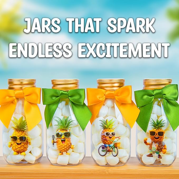 Small 12 Pack Pineapple Party Favors - DIY Candy Jars with Ribbons and Stickers - Pina Colada Party Decoration Bottles for Birthday, Hawaiian Luau, and Baby Shower - Gold Tropical Centerpieces