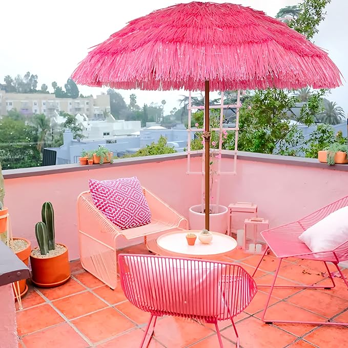AMMSUN 7.5ft Hula Thatched Tiki Patio Beach Umbrella Hawaiian Style 10 Ribs UPF 50+ with Tilt Carry Bag for Outdoor Tiki Bar, Tropical Palapa, Patio Garden Beach Pool Backyard Pink