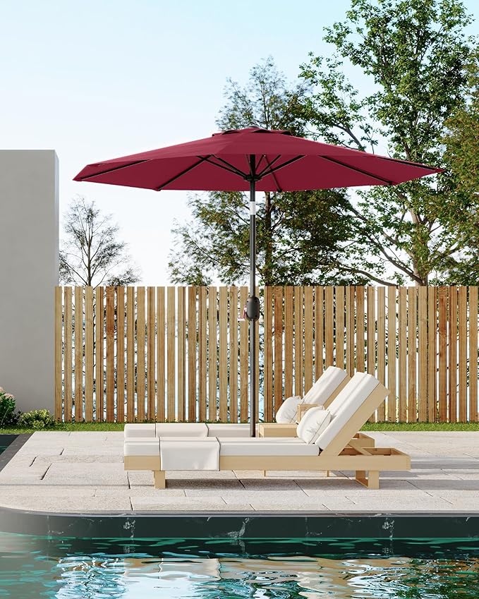 9FT Patio Umbrella Outdoor, Market Umbrella, Table Umbrella with Push Button Tilt and Crank, 8 Sturdy Ribs UV Protection Waterproof for Garden, Pool, Deck, Backyard (Dark Red)