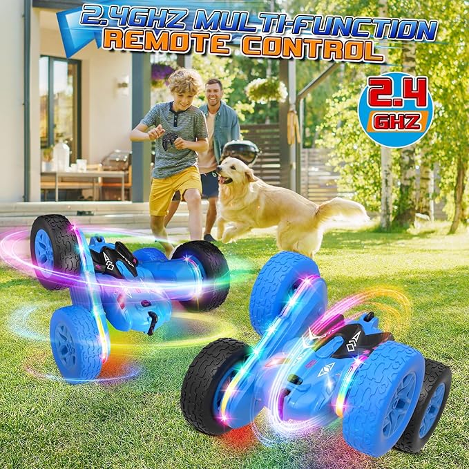 Remote Control Car,RC Cars with Sides Light Strip and Headlights,Double Sided 360 Flips Rotating RC Stunt Car,2.4Ghz All Terrain Toys for Ages 4-6 Kids Toy for Boys Girls Birthday Gift(Blue)