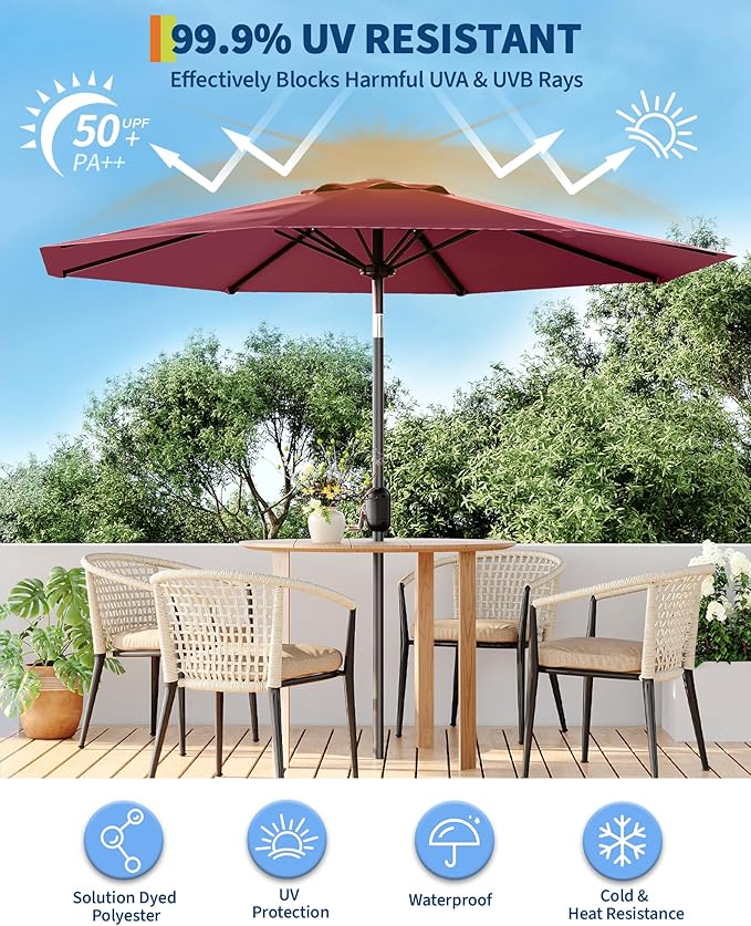 9FT Patio Umbrella Outdoor, Market Umbrella, Table Umbrella with Push Button Tilt and Crank, 8 Sturdy Ribs UV Protection Waterproof for Garden, Pool, Deck, Backyard (Dark Red)