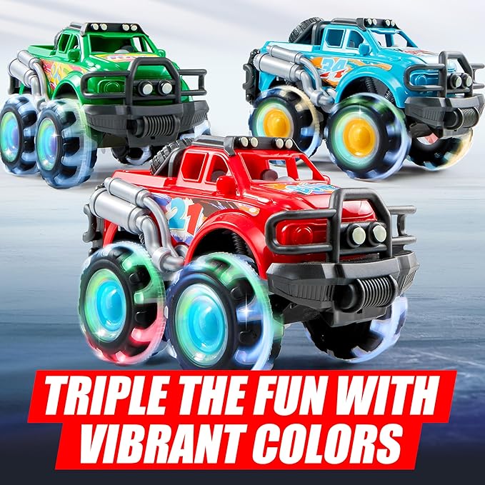 3Pack Monster Truck Toy - Toy Truck with Flashing LED Wheels - Light-Up Cars for Toddlers - Birthday Gift for Boys Girls - Friction-Powered