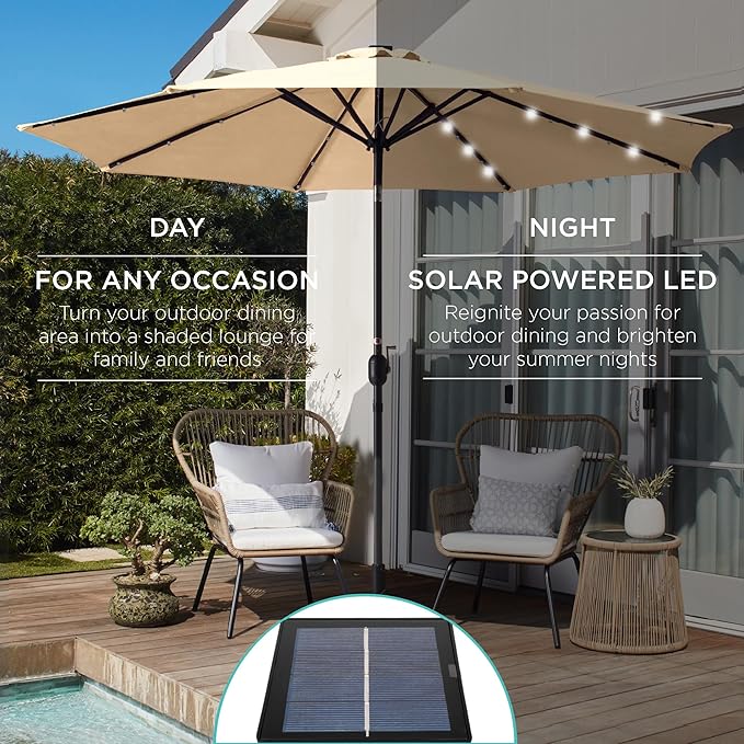 Best Choice Products 10ft Solar Polyester LED Lighted Patio Umbrella w/Tilt Adjustment and UV-Resistant Fabric - Sand