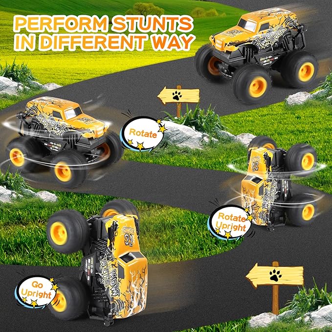 DYODYORC Remote Control Car, 2.4Ghz All Terrain Monster Truck Toys, RC Truck with Music, 3 Lighting Effects, 360 Stunt Capable, All Included Ready to Run, Toy Gifts for Boys and Girls (Yellow)