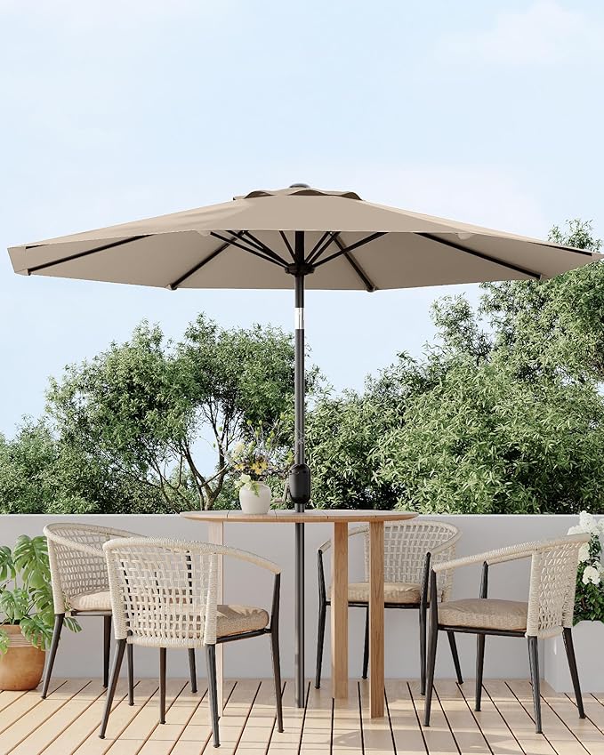 9FT Patio Umbrella Outdoor, Market Umbrella, Table Umbrella with Push Button Tilt and Crank, 8 Sturdy Ribs UV Protection Waterproof for Garden, Pool, Deck, Backyard (Tan)