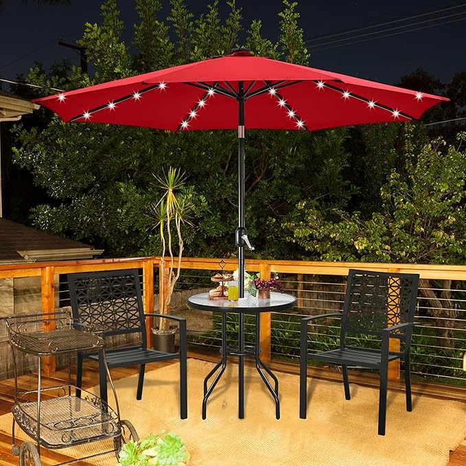 Yaheetech 10FT Solar Powered Patio Umbrella - UV Protection Market Table Umbrella w/ 32 LED Lights & Push Button Tilt & Crank Lift System for Garden/Lawn/Deck/Backyard/Pool,Red