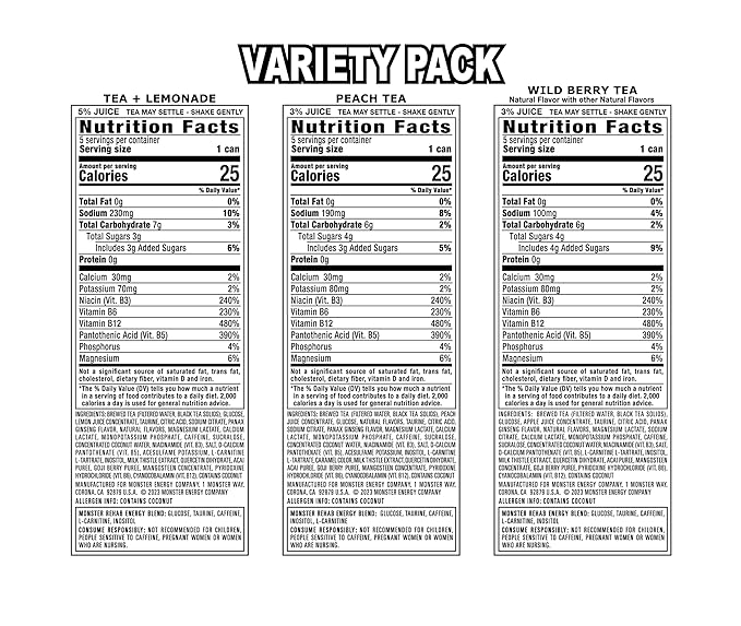 Monster Energy Rehab Tea + Lemonade, Peach Tea, Wild Berry Tea, Variety Pack, Energy Iced Tea,15.5 Ounce (Pack of 15)