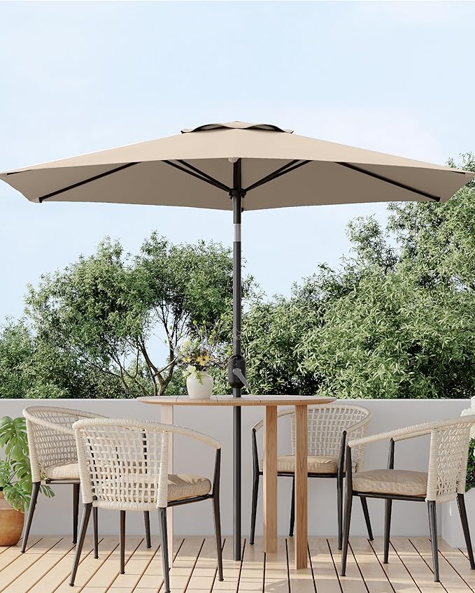 7.5FT Patio Umbrella Outdoor, Market Umbrella, Table Umbrella with Push Button Tilt and Crank, 6 Sturdy Ribs UV Protection Waterproof for Garden, Pool, Deck, Backyard (Tan)