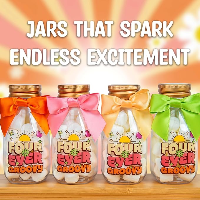 Small 12 Pack Four Ever Groovy Party Favors - DIY Candy Jars with Ribbons and Stickers - Funky Party Decoration Bottles for 4th Birthday Bash for Boy or Girl - Retro Hippie Table Centerpiece