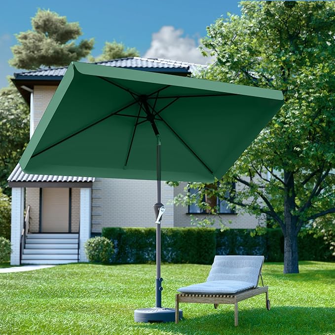 6.5 * 10FT Rectangular Patio Umbrella Table Market Umbrella w/Tilt and Crank Outdoor Umbrellas for Garden, Deck, Backyard, Pool and Beach, Dark Green