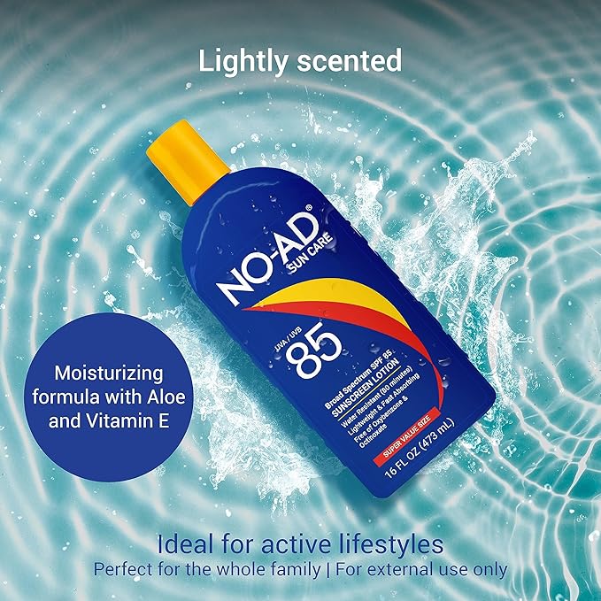 NO-AD SPF 85 Sunscreen Lotion | Broad Spectrum UVA/UVB Protection | Water Resistant | Octinoxate & Oxybenzone Free with moisturizing Vitamin E and Aloe 16oz | Pack of 2