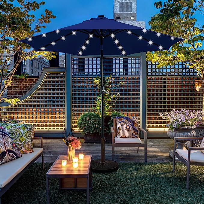 Yaheetech 9FT Solar Powered Patio Umbrella - UV Protection Market Table Umbrella w/ 32 LED Lights & Push Button Tilt & Crank Lift System for Garden/Lawn/Deck/Backyard/Pool, Navy Blue