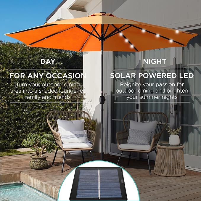 Best Choice Products 10ft Solar Polyester LED Lighted Patio Umbrella w/Tilt Adjustment and UV-Resistant Fabric - Orange